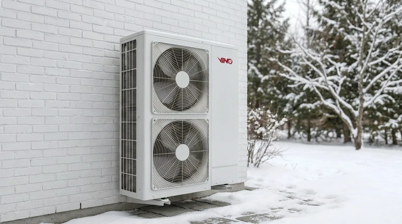 VINOTECH outdoor heat pump on a white brick wall