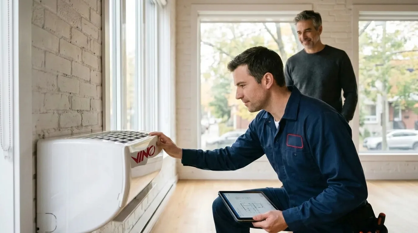 Certified Vinotech technician installing a VINOTECH appliance for a client